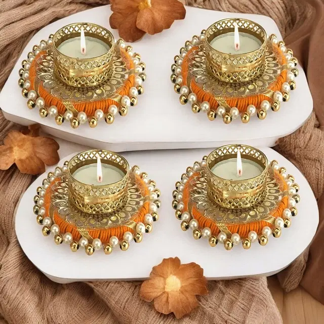 Metal Designer Tealight Candle Holder, Orange, 9x8x1.8 cm, Pack of 4