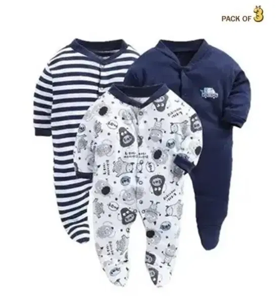 Hosiery Cotton Printed Rompers for Kids, Multicolor, Pack of 3 (0-3 Months)