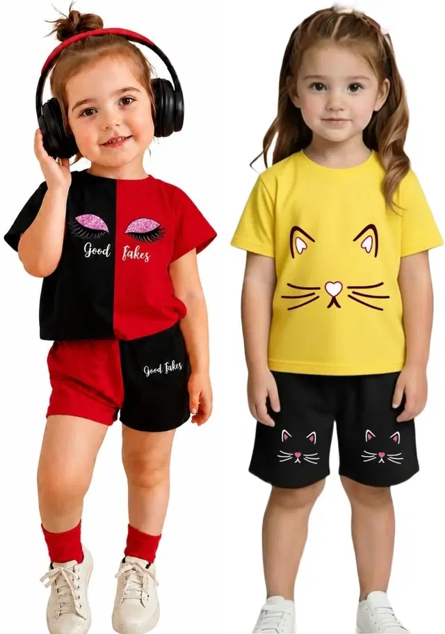 Graphic Print Cotton Blend Clothing Set for Girls, Pack of 2 (Multi, 12-18 M)
