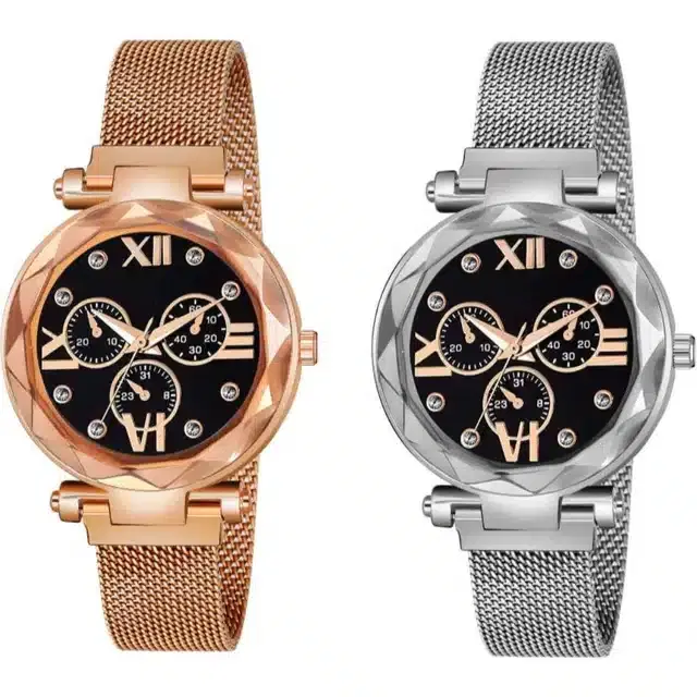 Women's Analog Watches, Pack of 2 (Rose Gold & Silver)