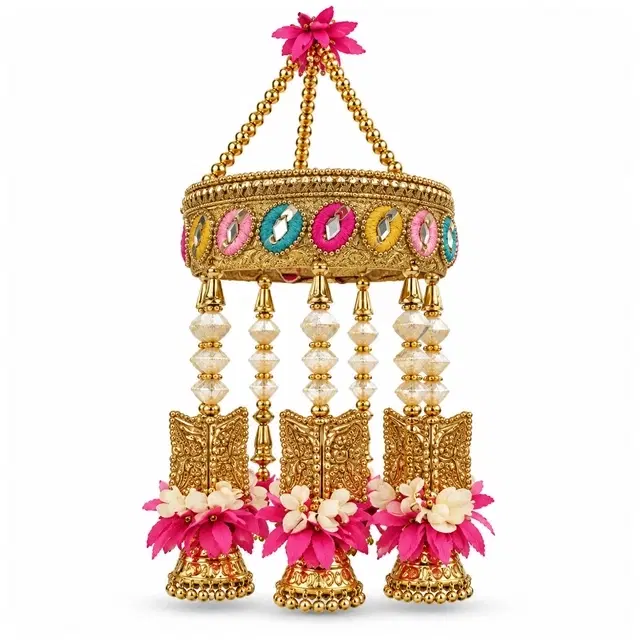 Embroidered Golden Dome Jhoomar With Pearl And Pink Flower Bell Danglers