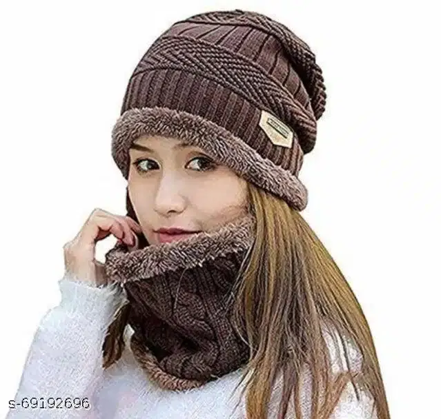 Woolen Winter Beanie Cap with Neck Warmer for Women, Set of 1 (Brown)