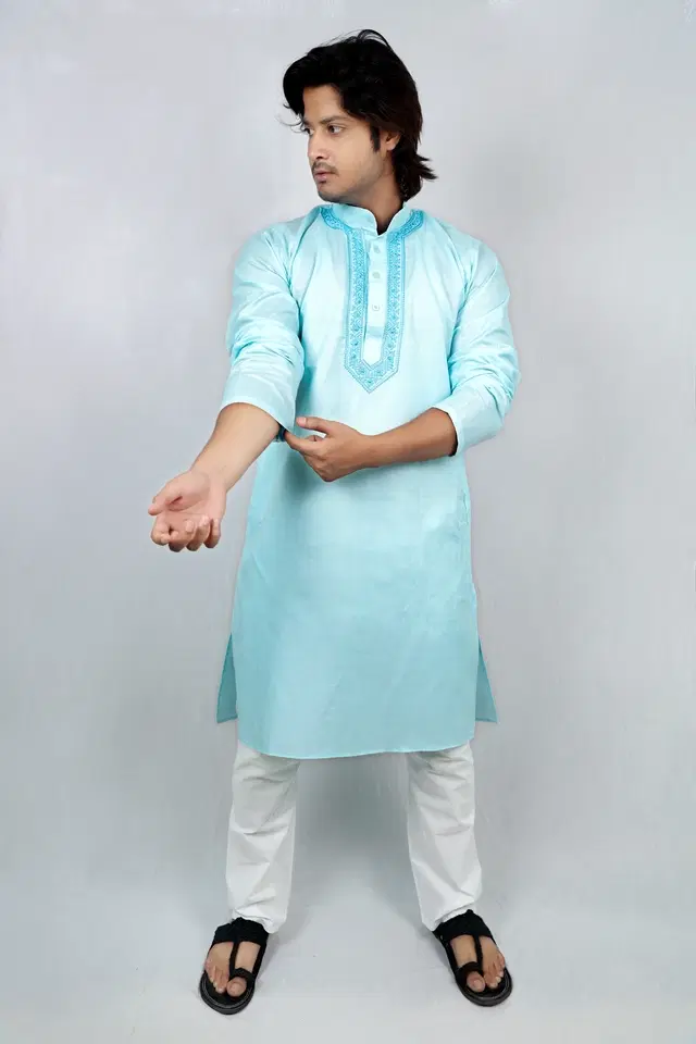 Cotton Solid Kurta with Pyjama for Men (Sky Blue & White, L)