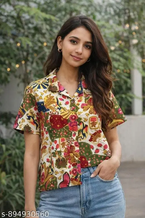 Floral Print Shirt Top for Women (Multicolor, M)