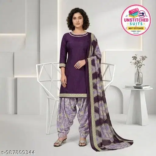 SIMPLYETHNIC Cotton Blend Printed Salwar Suit Set for Women (Purple, L)