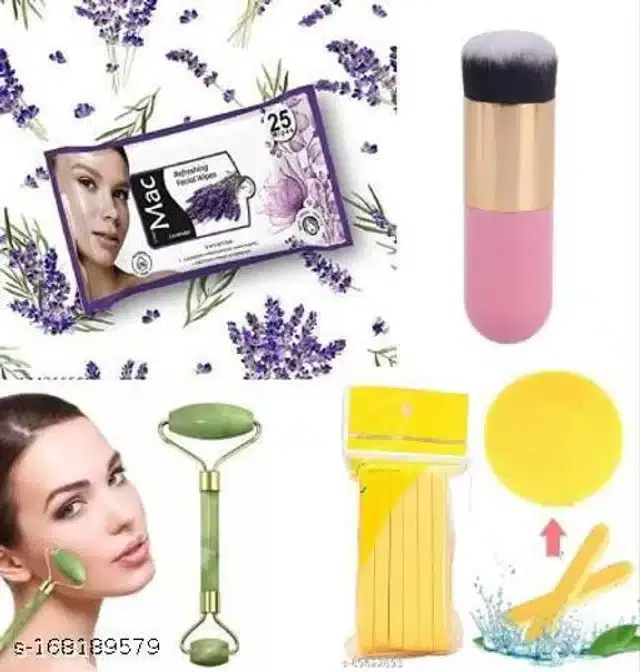 Set of 4 Combo of Face Wipes, Foundation Brush, Roller Face Massager & Sponge Puff Stick, Multicolor