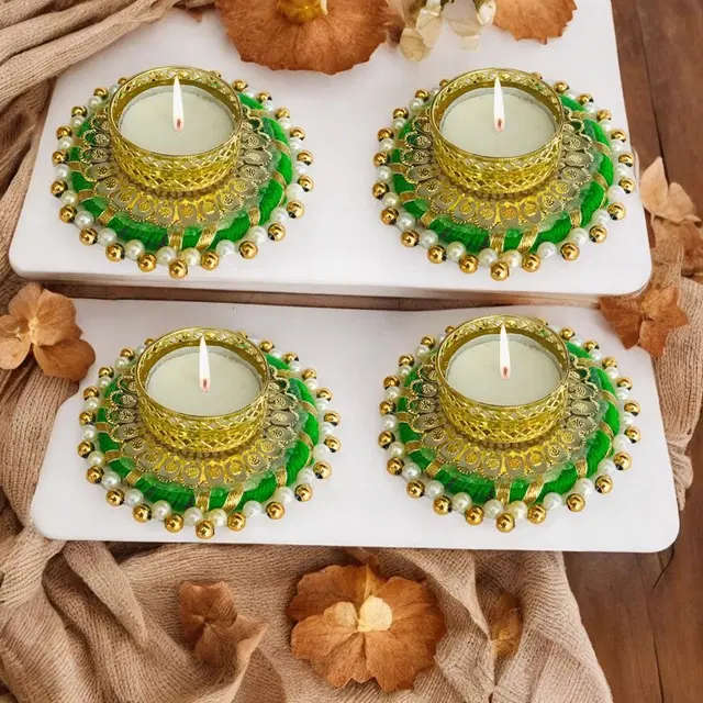 Metal Designer Tealight Candle Holder, Green, 9x8x1.8 cm, Pack of 4