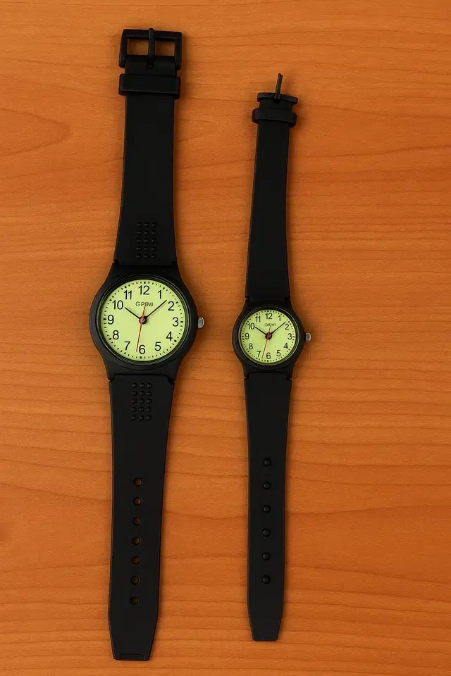 Leather Strap Couple Analog Watch, Black, Pack of 2