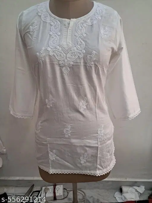 Floral Embroidered Rayon Kurti for Women (White, S)