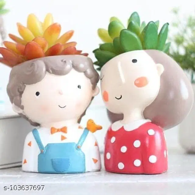 Terracotta Decorative Cute Girls Plant Holder for Home Decor, Multicolor, Pack of 2