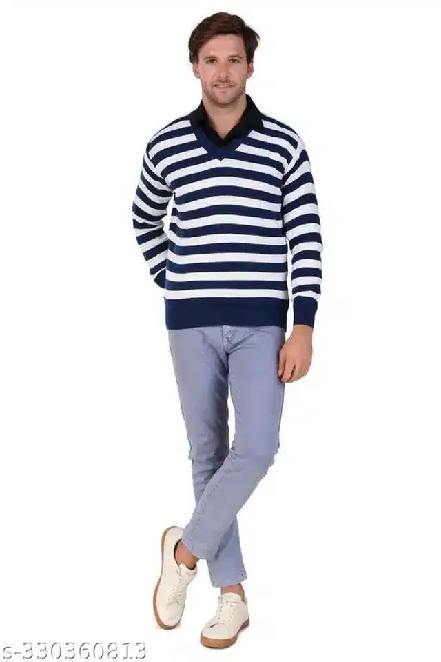 Acrylic Sweater for Men (Navy Blue & White, M)