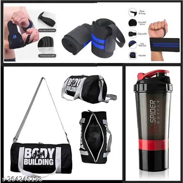 Combo of Gym Bag with Shaker Bottle, 600 ml, Wrist Support Bands, Multicolor, Set of 3
