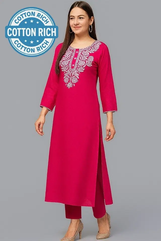 Cotton Embroidered Kurti for Women, Pink (M)