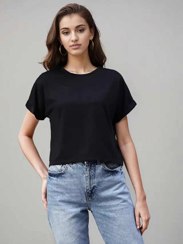 Polyester Solid Top for Women (Black, S)