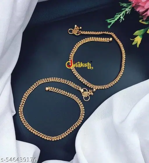 Chain Anklet for Women, Pack of 2 (Gold, Free Size)