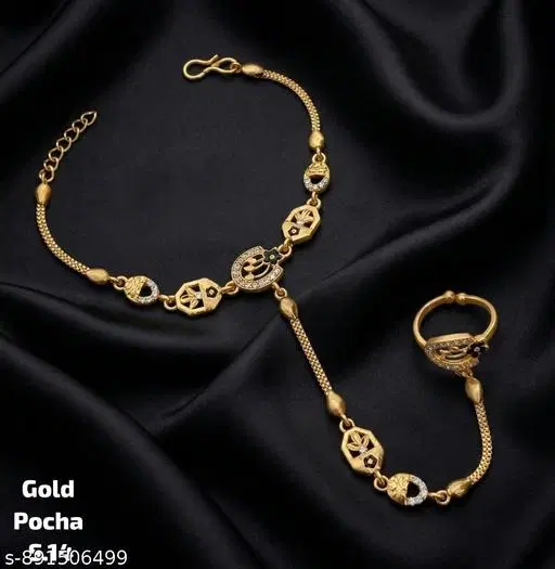 Hathpanja Bracelet with Ring for Women (Gold, Free Size)