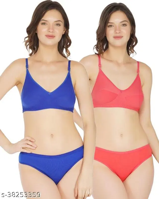 Cotton Blend Solid Lingerie Set for Women, Pack of 2 (Multicolor, 30A)