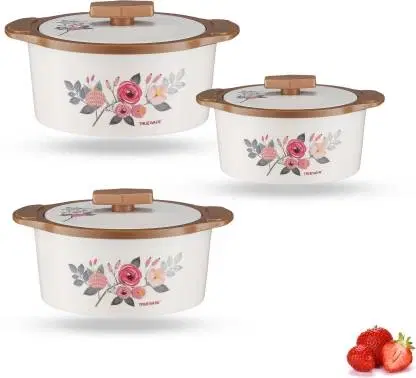 Trueware Floraa Inner Steel Outer Plastic Pack of 3 Thermoware Casserole, 600 ml, 800 ml, 1100 ml