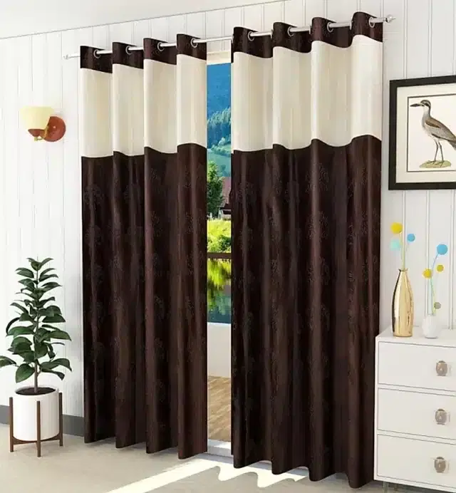 Polyester Patch Worked Window & Door Curtains, Pack of 2, Brown, 5 feet