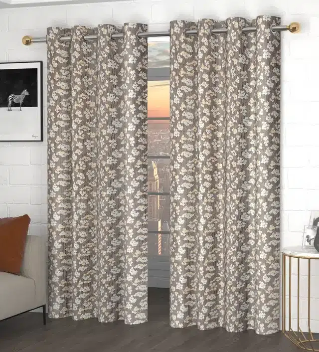 Floral Printed Curtains, Pack of 2, Brown, 5 feet