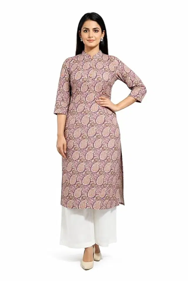 Cotton Blend Printed Kurti for Women, Brown (L)