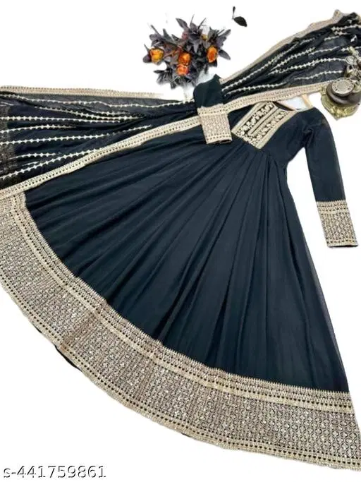 Heavy Fox Georgette With Siquence Coding Embroidery Work With Heavy Embroidery Dupatta Set for Women (Black, S)