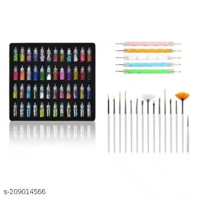 , 48 Pcs Glitter with, 5 Pcs Nail Art Dotting Tools &, 15 Pcs Nail Brushes, Multicolor, Set of 3