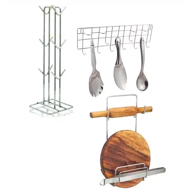 Oc9 Stainless Steel Chakla Belan Stand & Cup Stand & Wall Mounted Ladle Hook Rail For Kitchen, Oc-122