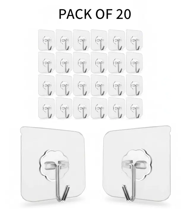 Plastic Wall Hooks, Transparent (Pack of 20)