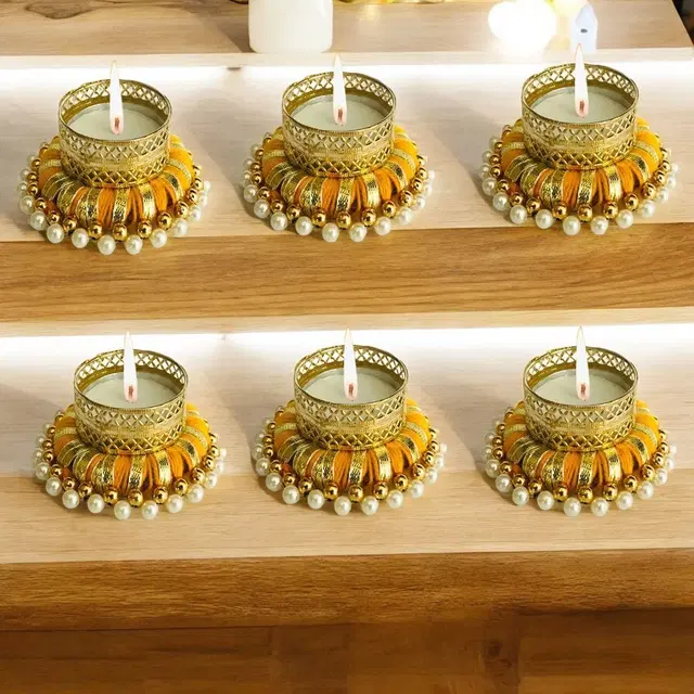Metal Designer Tealight Candle Holder, Yellow, 7.8x7.8x3 cm, Pack of 6