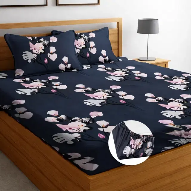 Microfibre Fitted Pink Leaf Bedsheet 78x72in Grey