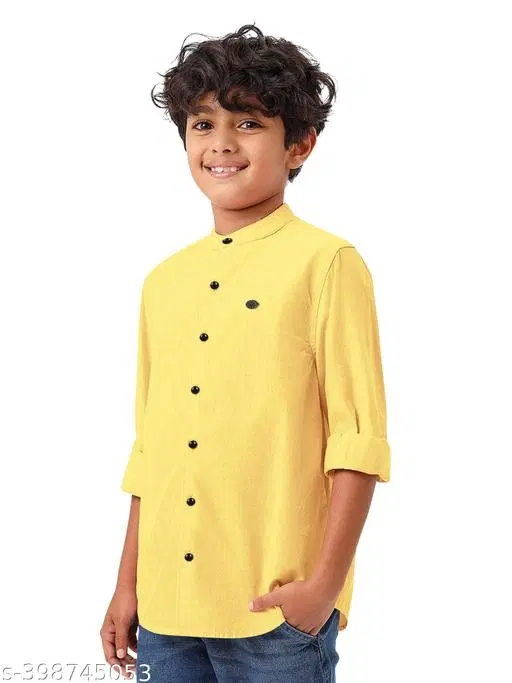 Solid Cotton Blend Mandarin Collar Long Sleeve Shirt for Boys (Yellow, 10-11 Years)