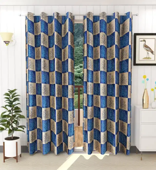 Polyester Printed Window & Door Curtains, Pack of 2, Blue, 5 feet