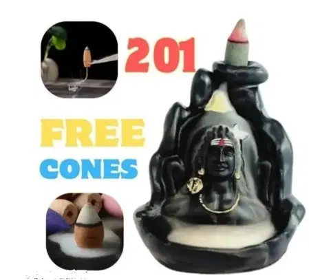 Handcrafted Adiyogi Mahadev Backflow Incense Cone Holder with Free 201 Pcs Cones, Multicolor, Set of 2