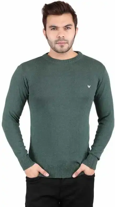 KRYPTAR Men's Solid Round Neck Woolen Sweater (Green, S) (KPTR4041)