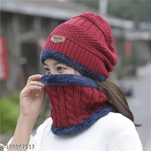 Woolen Cap with Neck Warmer for Women, Set of 1 (Multicolor)