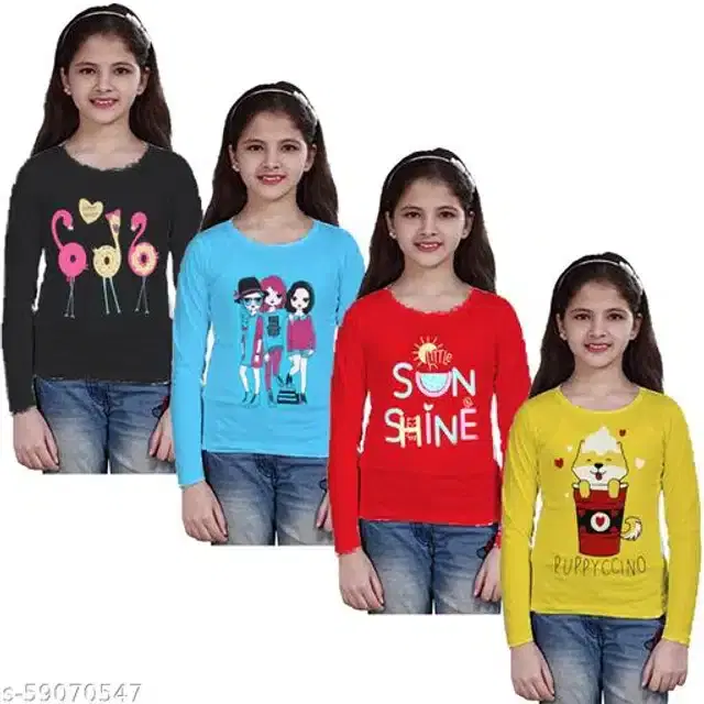 Cotton Full Sleeves T-Shirt for Girls, Pack of 4 (Multicolor, 9-10 Years)