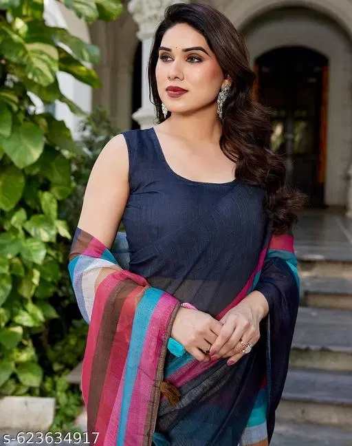 Chanderi Cotton Printed Saree for Women, Navy Blue (6.3 m)