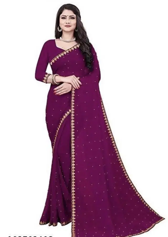 Lycra Blend Embroidered Saree for Women (Wine, 6.3 m)