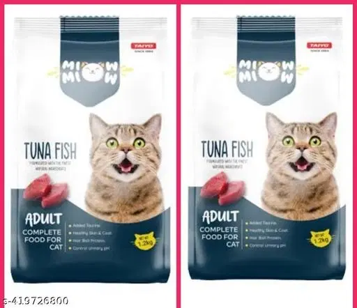 Combo pack of Taiyo Miow miow Adult Tuna Fish Food 1.2kg Pouch--Complete Nutritional for All breed cats & Kittens, for healthy skin & coat. (pack of 2)