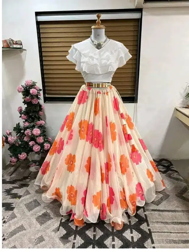 Ready to Wear Lehenga Choli for Women (Orange, XS)