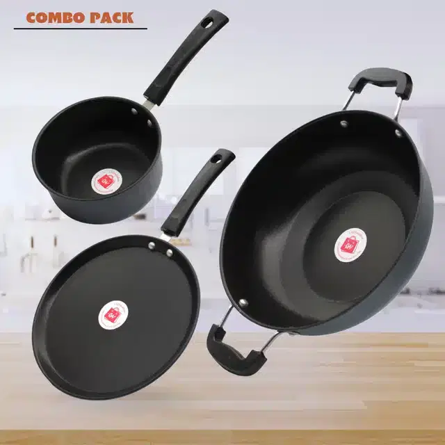 Non-Stick Tawa & Kadhai, Pack of 3, Black, 3000 ml