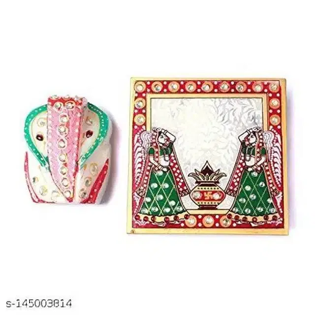Marble Pooja Chowki with Ganesh ji Idols, Multicolor, Set of 2