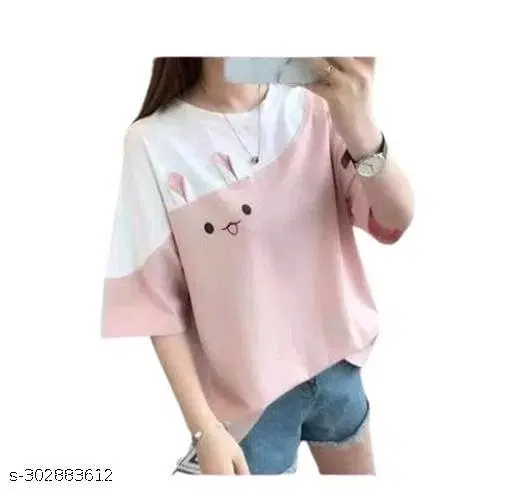 Polycotton Printed T-Shirt for Women, Pink (S)