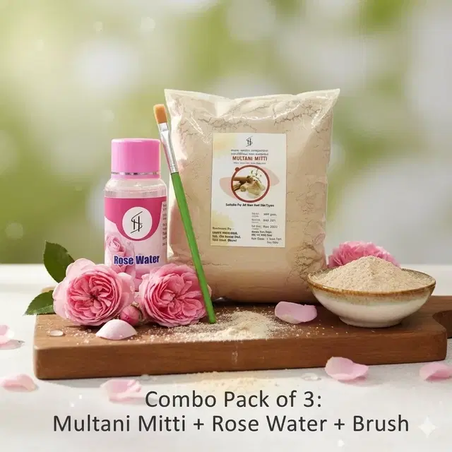 Multani Mitti Powder 200g, Rose Water 100ml, with brush (Set of 3)
