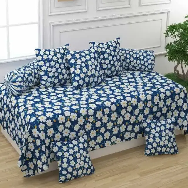 Adirav Polycotton Feel Single Bed Sheet, 2 Bolster covers & 5 Cushion Covers, Blue, ADRV-DW-92