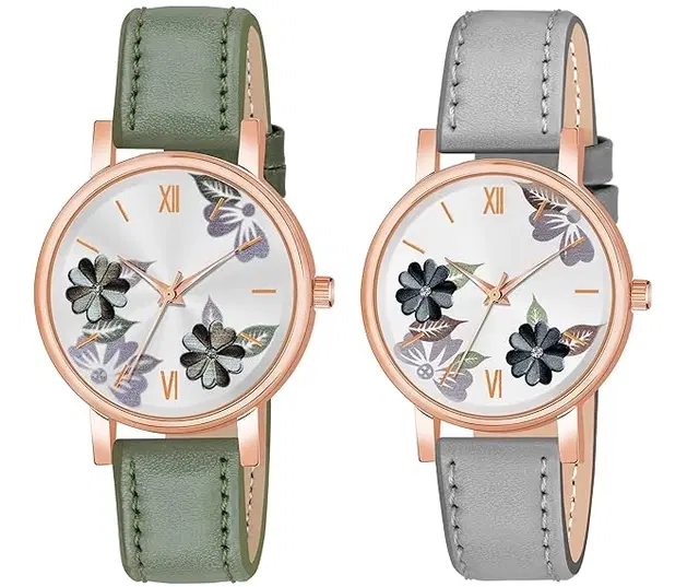 Multicolor Syntetic Leather Watch Combo for Women and Girls (Pack of 2)