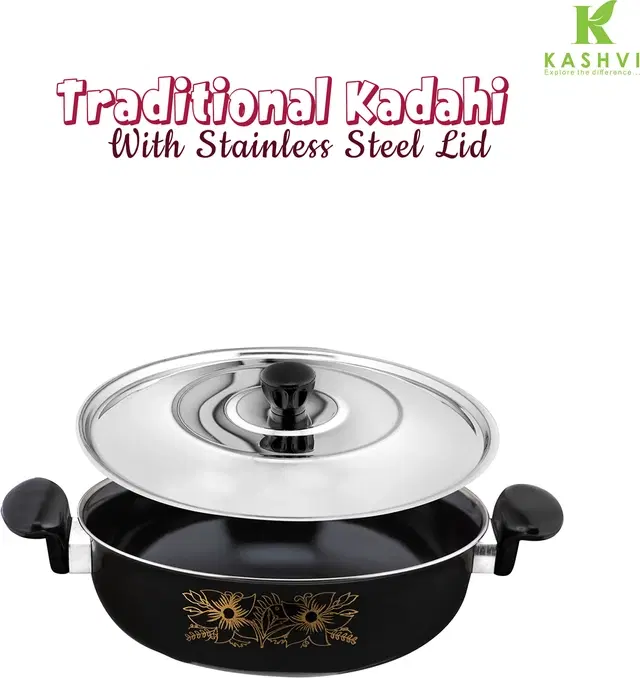 Cast Iron Kadai with Lid, Black & Silver, 28 cm