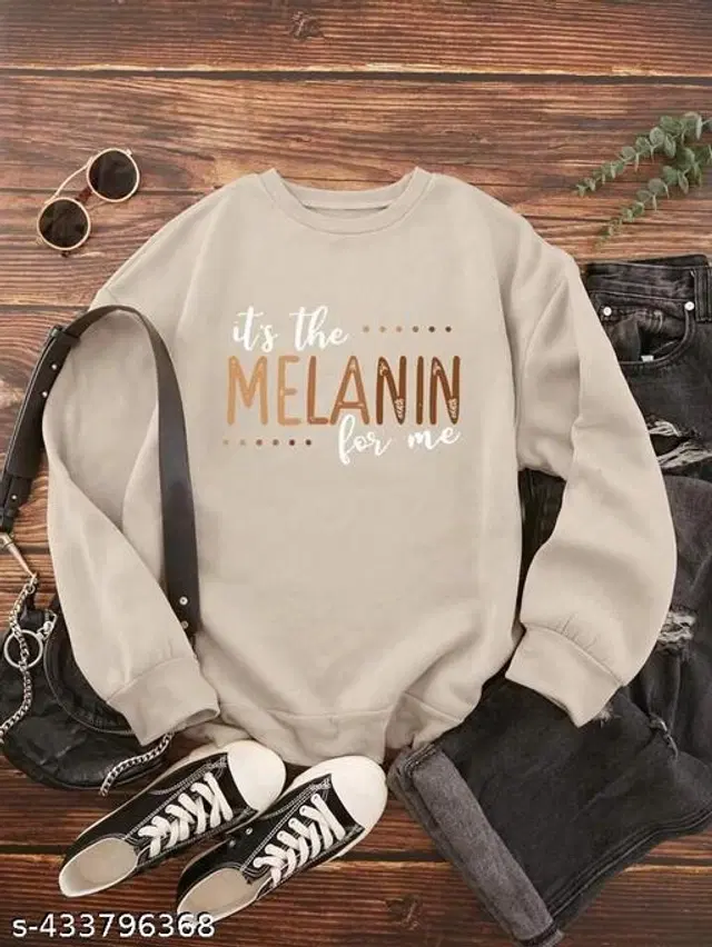 Fleece Printed Sweatshirt for Women (Beige, M)