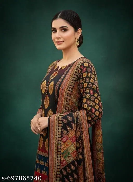 Bandhani Printed Jaipuri Designs Embroidered Top Bottom Duppata for Women (Black, Un Stitched)